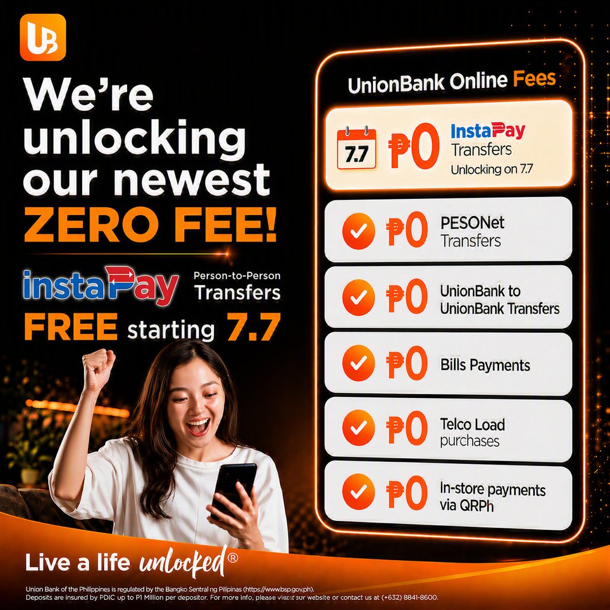 unionbankph's tweet photo. Beginning July 7, another ZERO FEE awaits U in UnionBank Online!

We are unlocking the newest ZERO FEE in our series of waived service fees in UB Online.

Learn more about UB Online’s ZERO-FEE services: https://t.co/nJpjA8346D

#UBOnline #LiveALifeUnlockedwithUB
.
.
.
.
.
.
Union Bank of the Philippines is regulated by the Bangko Sentral ng Pilipinas (https://t.co/1yGSaMN7t8). ​

Deposits are insured by PDIC up to P1 Million per depositor. For more info, please visit our website. For any concern, you may contact us through our UnionBank Online app (Mailbox > Support > Create New Ticket) or our Customer Service Hotline at (+632) 8841-8600.