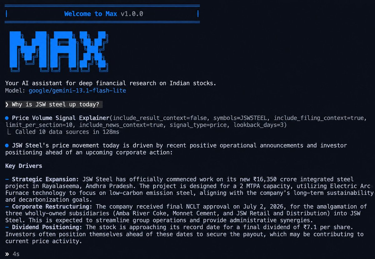 Deion_Dz's tweet photo. Inspired by @virattt's Dexter, I built Max - a fork reimagined for Indian markets.

Max is an AI financial research agent that thinks, plans, and learns while researching companies, earnings, filings, concalls, and more.

Powered by @drishtihq for Indian market data. https://t.co/DDZigOfpvP