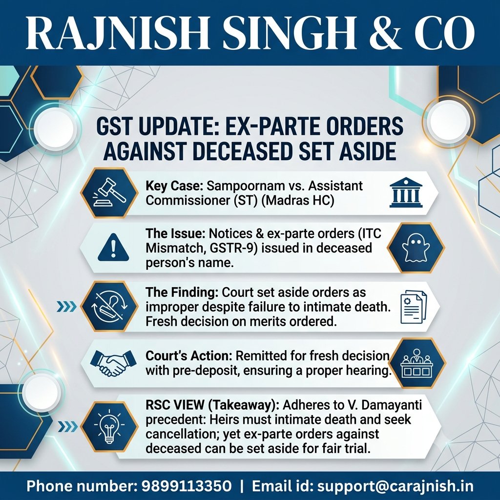 theRajnishkumar's tweet photo. Must Read: Ex-parte GST orders passed against a deceased person have been set aside, reinforcing due process and legal fairness in tax proceedings.

#GST #GSTUpdate #TaxLaw #LegalUpdate #HighCourt #TaxNews #Compliance #IndiaTax #RSC #RSCUpdate https://t.co/8IcYHiz0ec