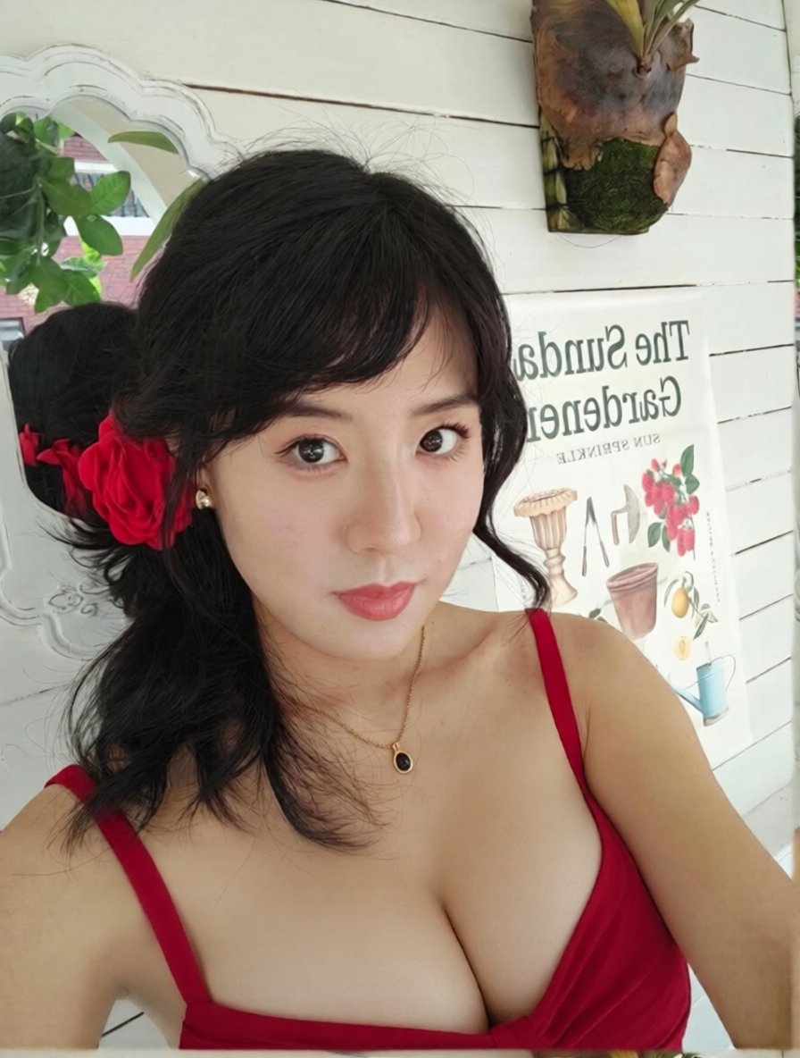 AI_AsianGirl's tweet photo. This red dress can barely contain them, so heavy and soft.  Bet you wish these were in your hands right now. 😈💋 https://t.co/RHqVMFOlKu