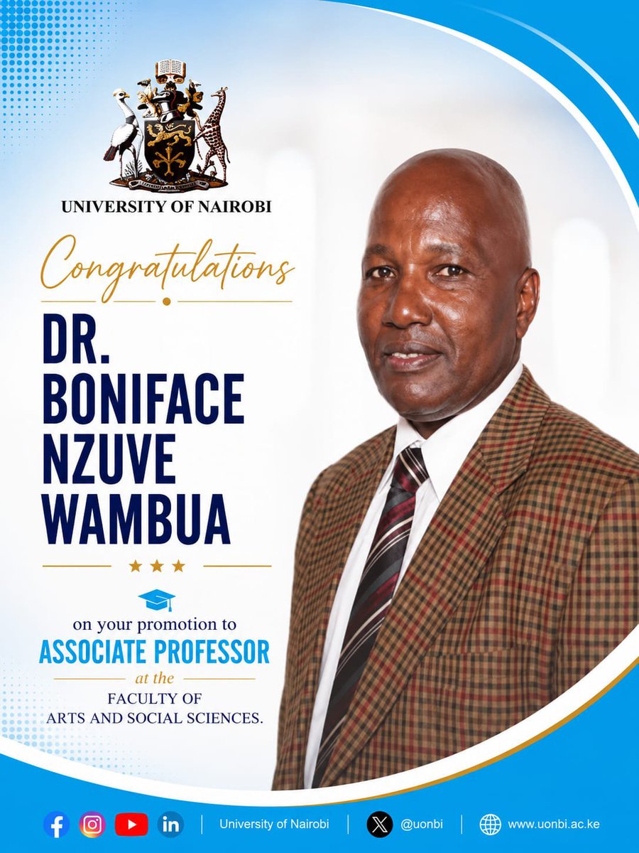 HumanitiesUoN's tweet photo. Congratulations to Dr. Boniface Nzuve Wambua on your well-deserved promotion to the rank of Associate Professor!
We celebrate this remarkable milestone and wish you continued success as you keep the UoN flag flying high.
@uonbi
#UoNStars #WeAreUoN https://t.co/hGPuSQH8GZ
