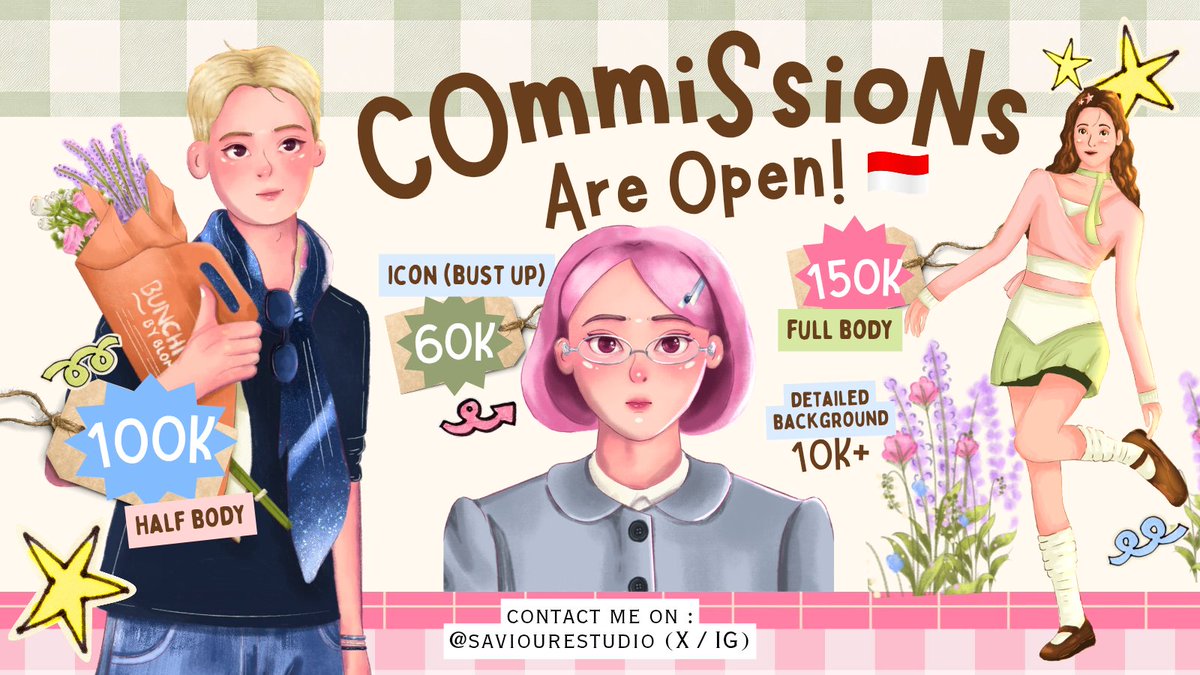 saviourestudio's tweet photo. 🌷OPEN COMMISSIONS🪻

Halo, semuanya! Bulan ini aku buka jasa ilustrasi dengan artstyle gemes ini (^з^)-☆ Jangan sungkan untuk DM aku yaaa💌💬

[like &amp; rt are very appreciated]
#OpenCommission #ilustrasi #zonakarya #artidn https://t.co/kQe3d1nzCj