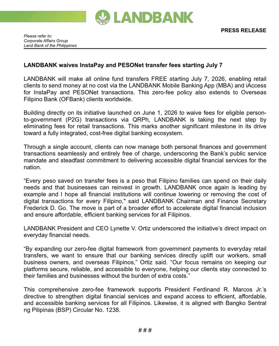 derxrosal's tweet photo. JUST IN: LandBank has waived fund transfer fees for both InstaPay and PESONet transactions made through the LandBank mobile banking app and iAccess.

The zero-fee policy also covers OFBank clients. @manilabulletin https://t.co/S11UByUKVy