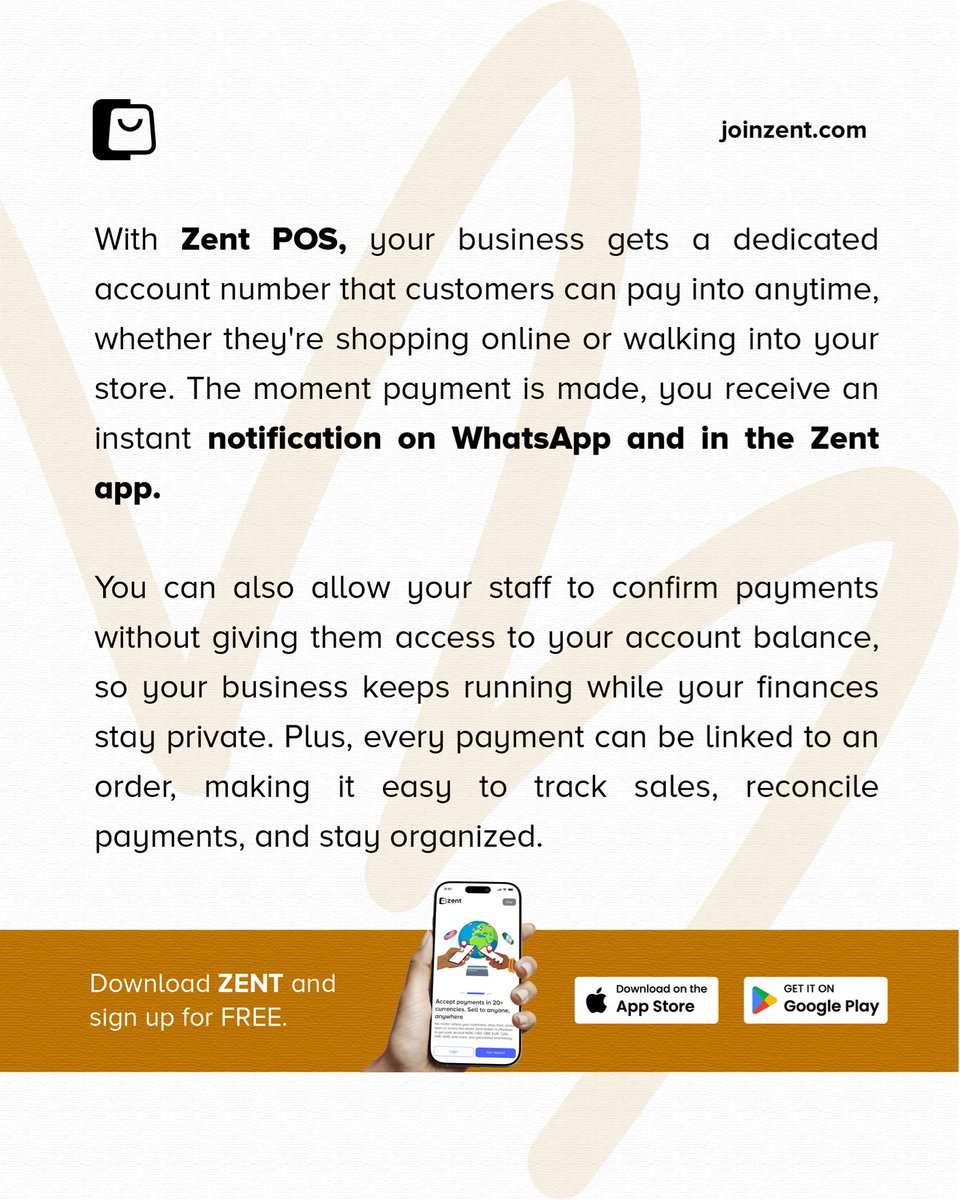 myzentapp's tweet photo. With Zent POS, every payment is linked to an order, customers pay into your dedicated business account, you get instant payment alerts, and your staff can confirm payments without accessing your account balance.

📲 Download Zent and apply for Zent POS today.

#myzentapp #zentpos https://t.co/x0TcPqfe57