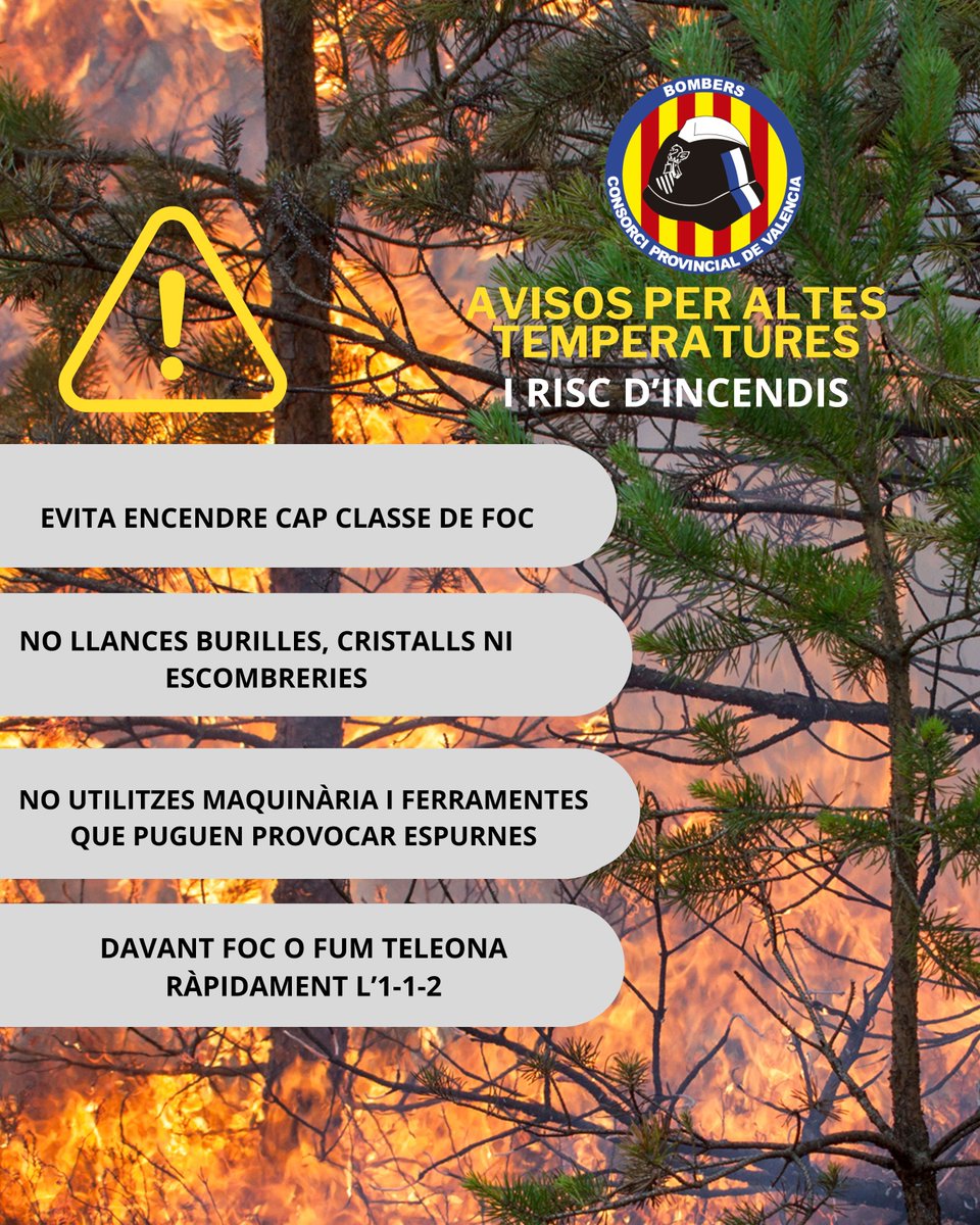 BombersValencia's tweet photo. Estem en nivell extrem de risc d'incendis i una #onada de calor que encara pot empitjorar. En @BombersValencia hem activat hui el nostre procediment de reforç, amb més recursos diaris per a fer front a esta situació.
🔥Evita qualsevol activitat de risc i segueix estos consells https://t.co/SYit59CIhU