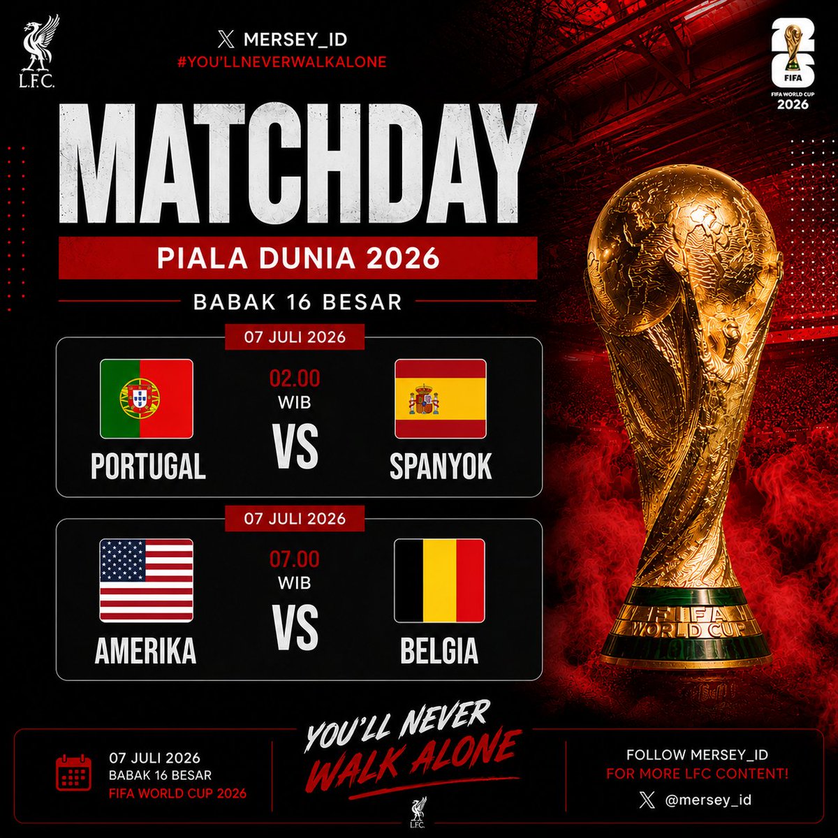 Mersey_ID's tweet photo. 🚨 MATCHDAY | BABAK 16 BESAR PIALA DUNIA 🏆

🇵🇹 Portugal 🆚 Spanyol 🇪🇸 (02.00 WIB)
🇺🇸 Amerika Serikat 🆚 Belgia 🇧🇪 (07.00 WIB)

Siapa yang akan bertahan dalam perburuan gelar juara dunia? 🔥
💬 Prediksi skor kalian di kolom komentar!

#FIFAWorldCup https://t.co/jvflyly7ry
