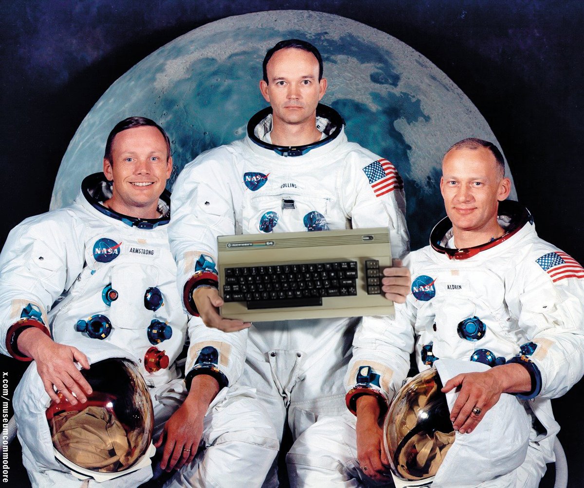 MuseumCommodore's tweet photo. Did you know a humble Commodore 64 had more raw memory than the Apollo Guidance Computer that helped put Neil Armstrong, Buzz Aldrin, and Michael Collins on the Moon?

The AGC had just 4 KB of erasable RAM (2,048 16-bit words of magnetic core memory). 
Your C64 packed 64 KB of RAM — with roughly 39 KB free for BASIC programs right out of the box.

That's 16 times the RAM... in a biege plastic box you could buy at your local department store.

Yet here we are in 2026, with pocket supercomputers and AI that can do almost everything, we are still struggling to send humans back to the Moon.

Maybe NASA should dust off a few C64s and try again.😉