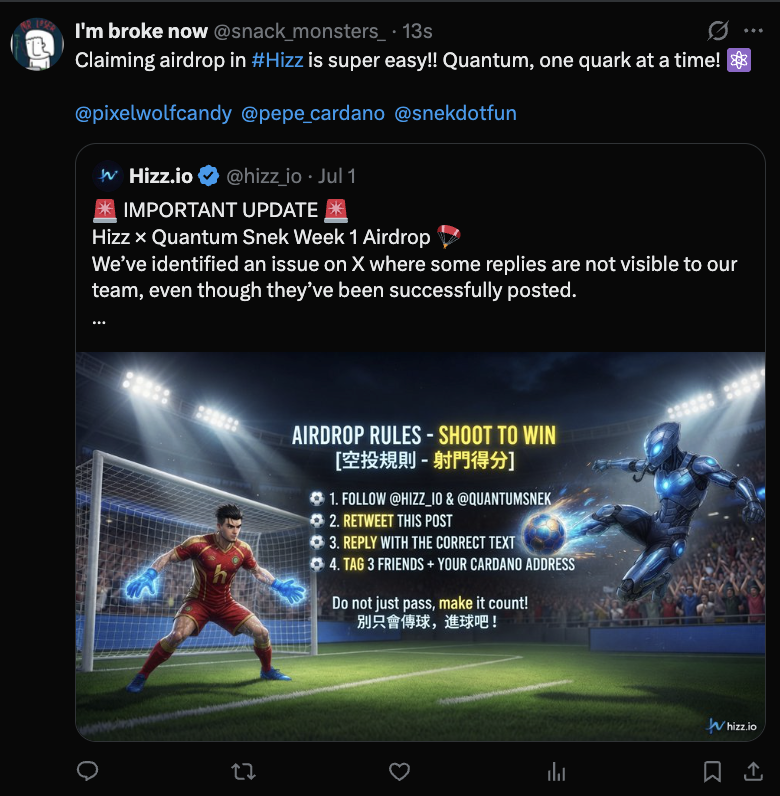 snack_monsters_'s tweet photo. @hizz_io Claiming airdrop in #Hizz is super easy!! Quantum, one quark at a time!

addr1q8mcs4umxqvl7hevfr4ssmmek553yf6lz0efc5w0qqca7wf2t3k3pkagdu2ynj629x5sx4wdflrw2g3vzn4967msd6fs45mp5a https://t.co/guaII3ot3v