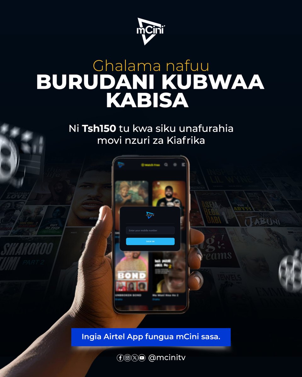 MciniTv's tweet photo. Why pay more when you can stream Africa's best movies for less?

For just TSh 150 per day, enjoy unlimited access to top African movies and series anytime, anywhere.

Download the Airtel App, subscribe to mCini, and start streaming today!

#mCini #AfricanMovies #StreamAfrica https://t.co/Uc7jiWLQiP