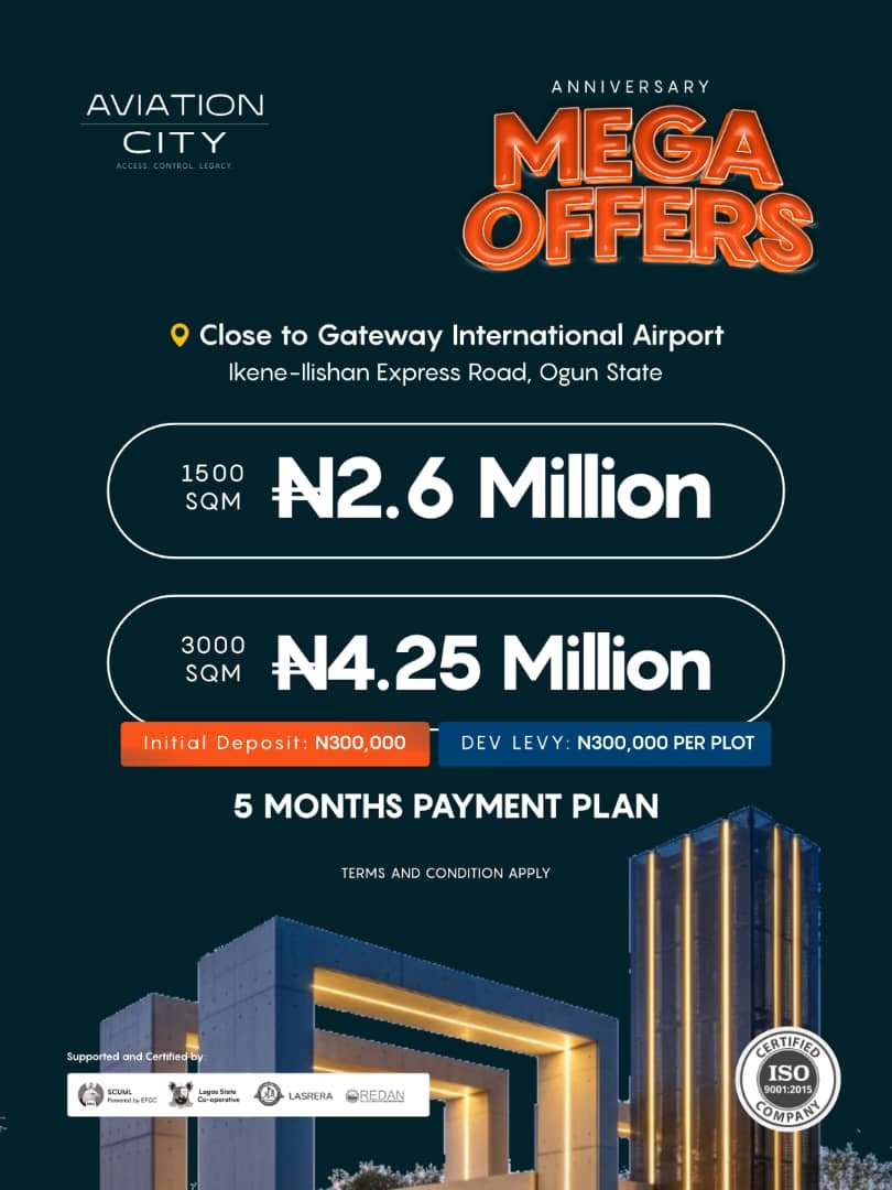 _mattkenzi's tweet photo. *AVIATION CITY✈️*
(Behind the Gateway International Airport)

Own property in the future economic hub of Ogun State just behind the Gateway International Cargo Airport.

 *LOCATION* 📍
Ikene- Ilishan Express Road, Ogun state 

 *MAJOR LANDMARKS* 
1. Gateway International Airport 
2. Ogun Free Trade Zone 
3. Olabisi Onabanjo University
4. Babcock University 

 *TITLE*
Registered survey & Deed of Assignment 

 *TOPOLOGY*
Dry Land 

500,000
(Initial Deposit)

 *PURPOSE:*
Residential, Commercial and Industrial 

 *PROPOSED FACILITY* 
1. Estate Perimeter fencing 
2. Commercial Hub
3. Green park 
4. Road stabilization

OWN A PART OF THE NEXT BIG THING ✈️

#amen