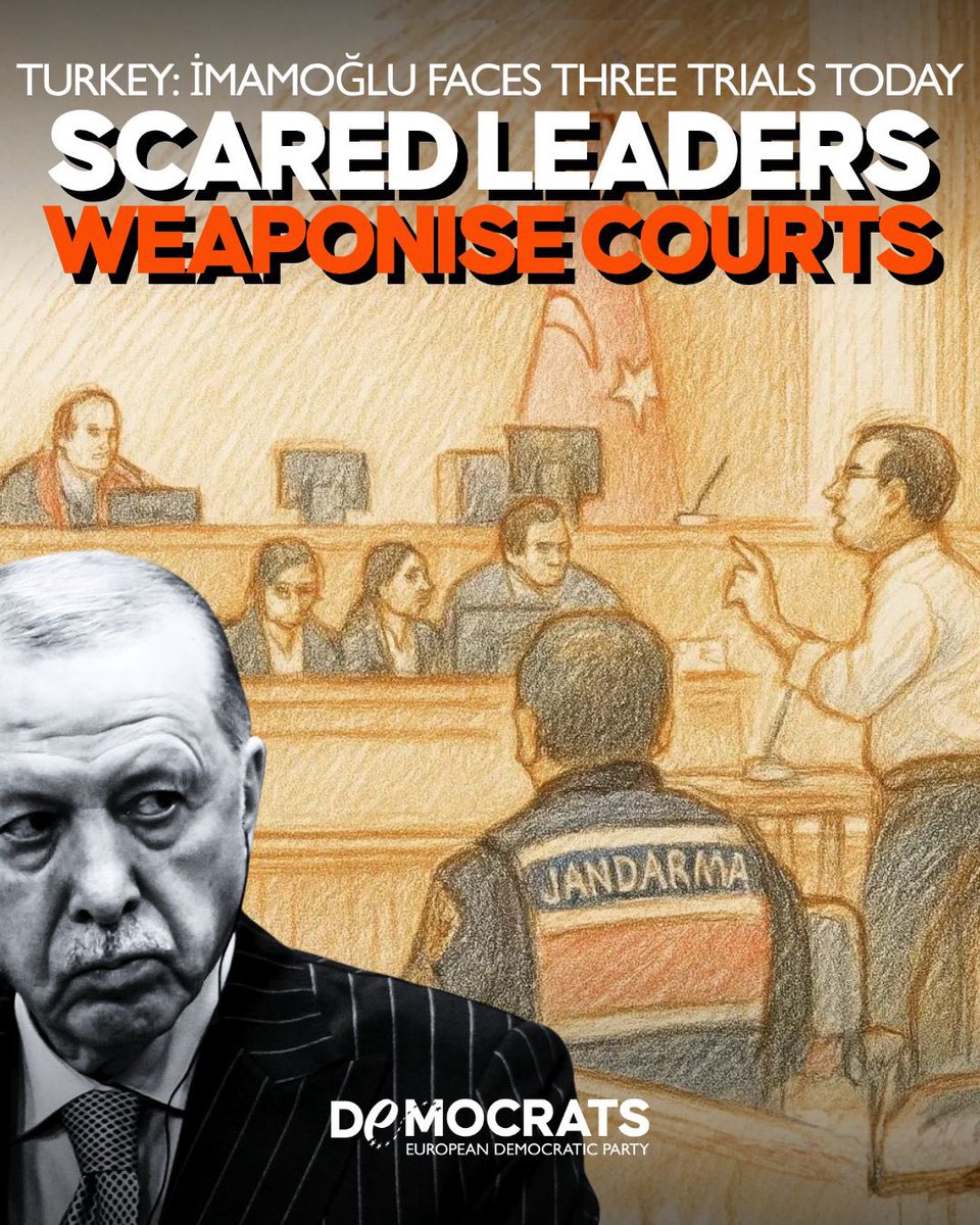 democrats_eu's tweet photo. Today, three trials in one day for @ekrem_imamoglu : diploma, Istanbul Municipality, “espionage”. @RTErdogan is no longer running a government; he is running a panic room with flags. First political rivals, then journalists, now even comedians. At this rate, the next indictment will be against sarcasm itself. Strong leaders win arguments. Weak ones send court summons. And Turkey’s democracy deserves better than a president scared of punchlines.