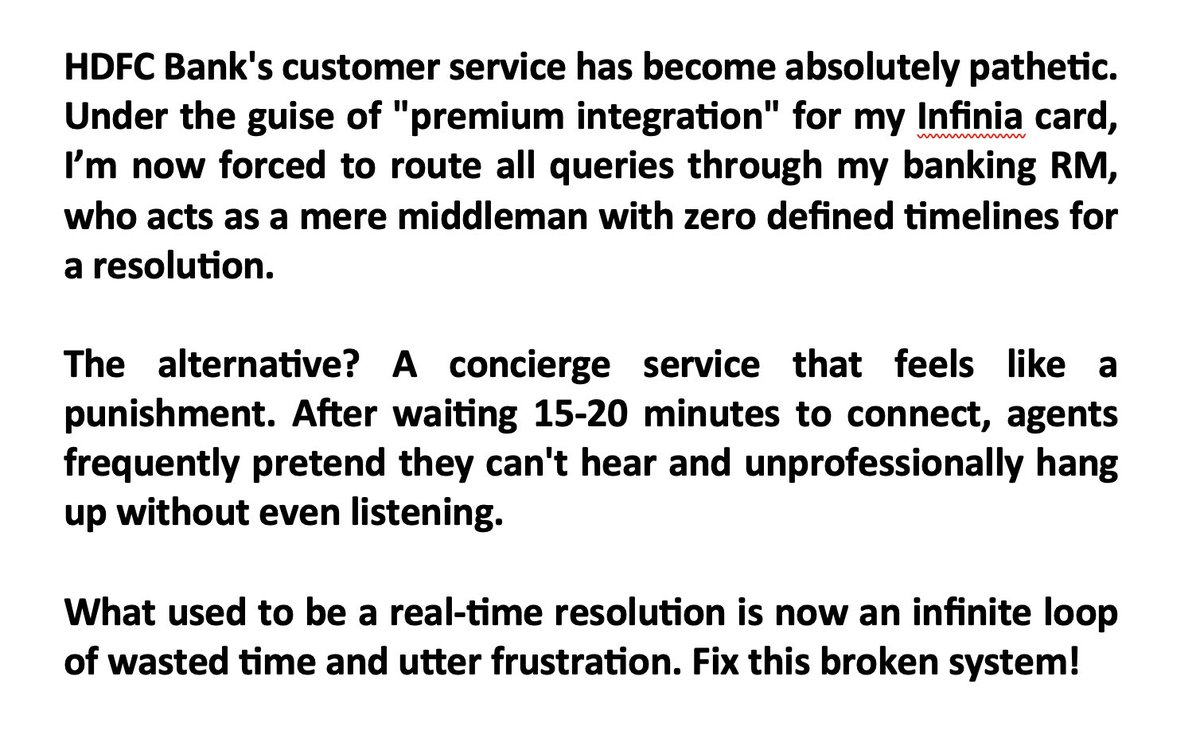 Im_LalitSharma's tweet photo. Severe degradation of customer service for Infinia Cardholders – Urgent feedback #HDFCBank #Infinia #CustomerService https://t.co/8Crt7FqRj7