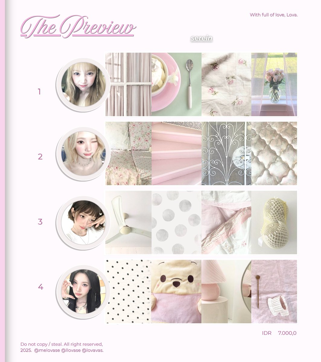 llovase's tweet photo. ⋮ help repost please, thank you .ᐟ ֹ 

hallo! lova kembali membawa 8 layout ready stock gg dengan catalog serein yang bisa langsung kaka take melalui telegram lova yaa! avail muse yeon, jiwo, rei, juun, yuha, wonyoung, dan rei 🤍

#bealanja https://t.co/5kFd1ZlxLq