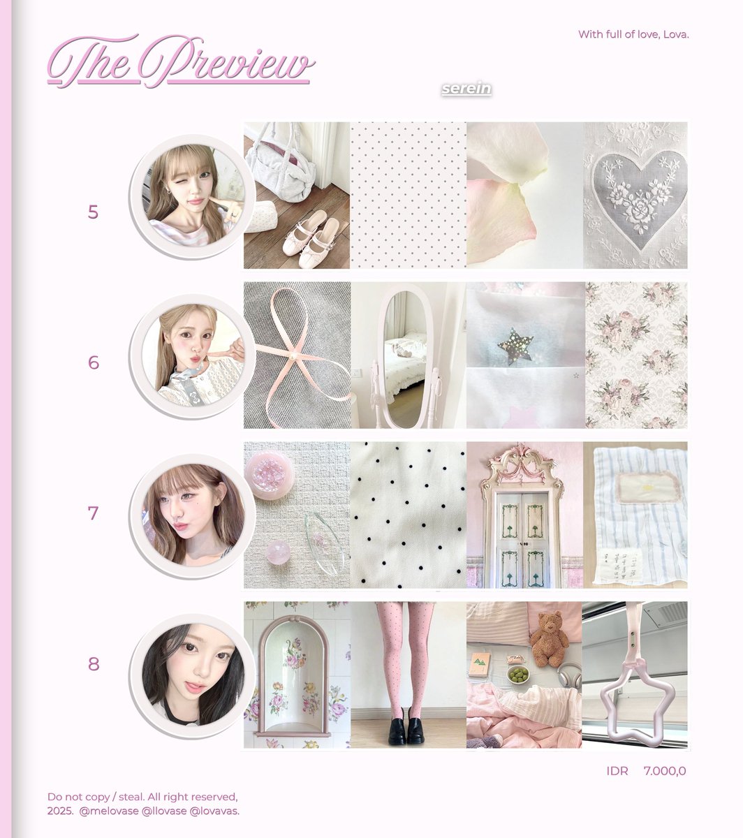 llovase's tweet photo. ⋮ help repost please, thank you .ᐟ ֹ 

hallo! lova kembali membawa 8 layout ready stock gg dengan catalog serein yang bisa langsung kaka take melalui telegram lova yaa! avail muse yeon, jiwo, rei, juun, yuha, wonyoung, dan rei 🤍

#bealanja https://t.co/5kFd1ZlxLq