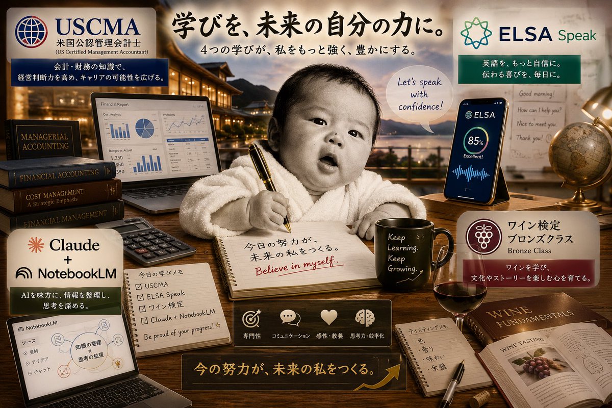 KazMBAJapan's tweet photo. いま取り組んでいる学びを、ChatGPTが2枚のイラストにしてくれました。わかりやすい。文字も全て勝手に考えてくれた内容。

・USCMA
・ELSA Speak 
・ワイン検定ブロンズクラス
・Claude+NotebookLM

この絵をモチベ���今日もこれから学びに取り掛かります。 https://t.co/PdNq9UCb3z