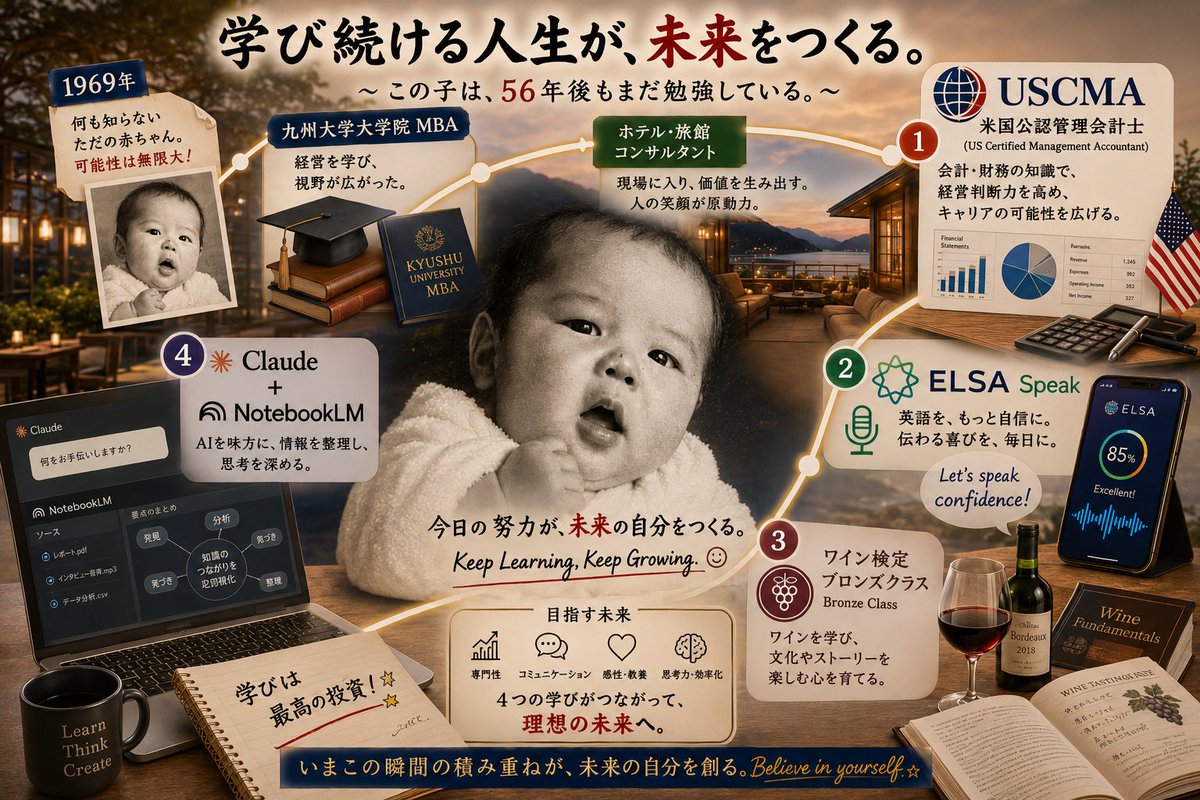 KazMBAJapan's tweet photo. いま取り組んでいる学びを、ChatGPTが2枚のイラストにしてくれました。わかりやすい。文字も全て勝手に考えてくれた内容。

・USCMA
・ELSA Speak 
・ワイン検定ブロンズクラス
・Claude+NotebookLM

この絵をモチベ���今日もこれから学びに取り掛かります。 https://t.co/PdNq9UCb3z