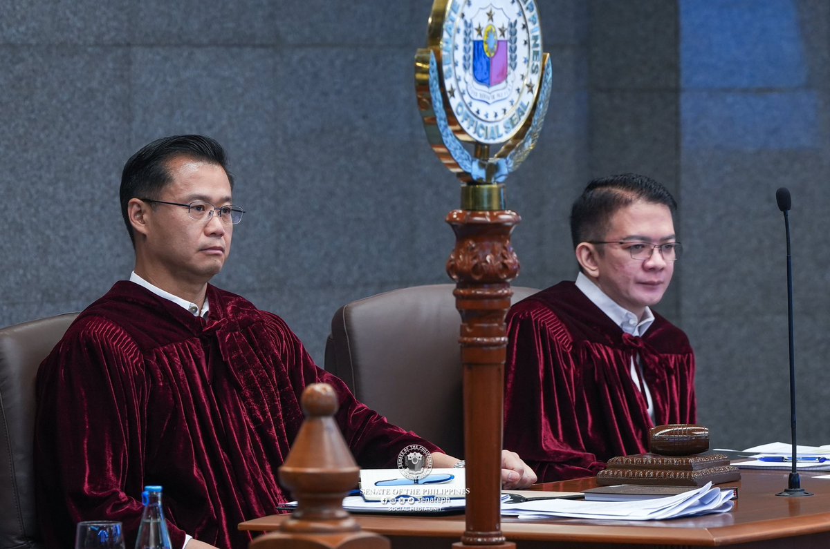 senatePH's tweet photo. @WinGatchalian74 @SayChiz Senator-judges listened to opening statements from both the prosecution and defense panels at the start of Vice President Sara Duterte's impeachment trial Monday, July 6, 2026. #SenatePH https://t.co/VQTdx4emV8