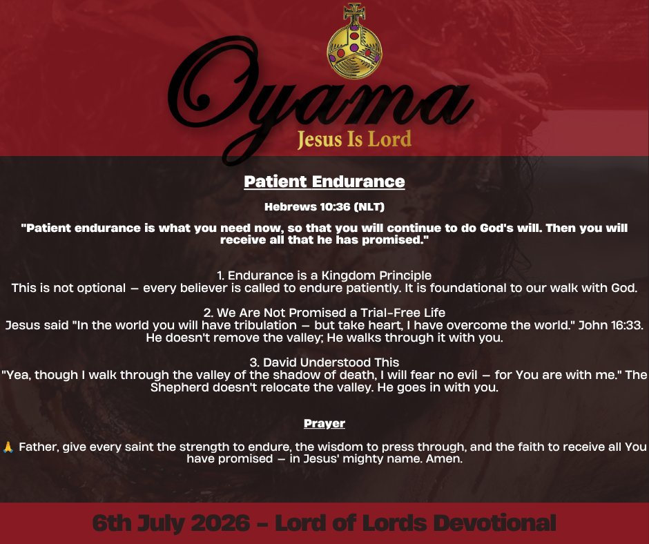 oyama_sc's tweet photo. God never promised a trial-free life. He promised to walk through every valley with you. Endure, trust, and receive all He has promised. — Hebrews 10:36
#PatientEndurance #JesusIsLord https://t.co/HqjdcuZ7I8