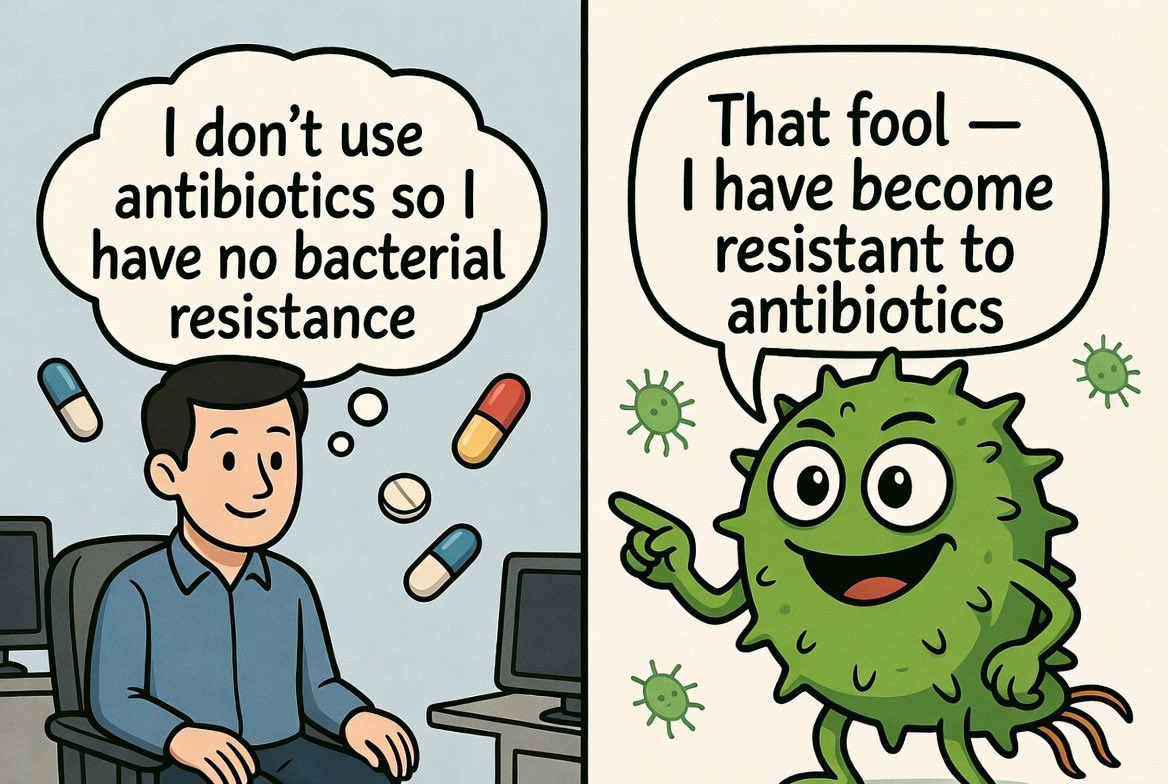 dr_yograj's tweet photo. It’s the Bacteria, Not You: Why Your Careful Antibiotic Use Still Leaves You Vulnerable
—————————————————
Many people believe that if they personally use antibiotics responsibly—only when prescribed and always finishing the full course—they’ll stay safe from resistance. That’s a common and understandable misconception, but it misses how resistance actually works.
Resistance isn’t something that happens inside your body. It’s the bacteria that evolve. These tiny organisms multiply incredibly fast and constantly mutate. When antibiotics are present, they kill the vulnerable bacteria, but any that happen to carry resistance genes survive, multiply, and take over. Bacteria can also swap these resistance genes directly with each other through a process called horizontal gene transfer—even between completely different species.
The resistant “superbugs” that result don’t stay in one place. They spread through everyday contact, hospitals, contaminated food or water, travel, and even the environment. So even if you’ve never misused an antibiotic in your life, you can still encounter a resistant infection that originated from someone else’s overuse, agricultural practices, or natural bacterial evolution.
That’s why antibiotic resistance is a community and global issue, not just a personal one. Your responsible habits are still incredibly valuable—they reduce the overall pressure that drives more resistance to emerge and spread. By using antibiotics wisely, supporting stewardship programs, and raising awareness, we all help preserve these life-saving drugs for everyone, including future generations. It’s collective action that makes the real difference.​​​​​​​​​​​​​​​​​​​​​​​​​​​​​​​​​​​​​​​​​​​​​​​​​​
#MedTwitter #MedEd #MedX @IhabFathiSulima  @AnujaJaiswalTOI