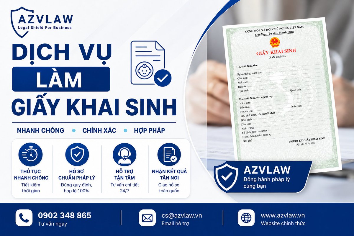 AZVLAW_VN's tweet photo. 📄 Cần làm giấy khai sinh nhưng chưa biết bắt đầu từ đâu?
AZVLAW hỗ trợ:
 ✅ Tư vấn hồ sơ
 ✅ Đúng quy định
 ✅ Xử lý nhanh
 ✅ Hỗ trợ tận tâm
Để thủ tục hành chính trở nên đơn giản hơn. 

#AZVLAW #GiayKhaiSinh #DichVuPhapLy #VietnamLaw https://t.co/OnzbjnqLkK