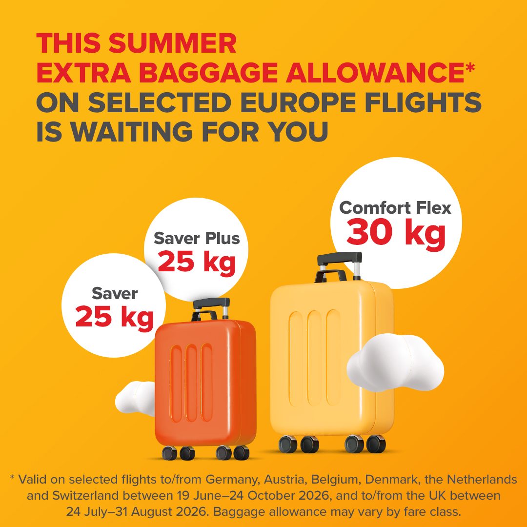 flymepegasus's tweet photo. It's time to pack a little more this summer. 🧳
Extra baggage allowance is waiting for you on selected European flights!

✈️ 25 kg checked baggage allowance with Saver and Advantage bundles
✈️ 30 kg checked baggage allowance with the Comfort Flex bundle

*Valid for selected flights to/from Germany, Austria, Belgium, Denmark, the Netherlands and Switzerland between 19 June 2026 – 24 October 2026. Valid for selected flights to/from the United Kingdom between 24 July 2026 – 31 August 2026. Baggage allowance may vary by fare class.