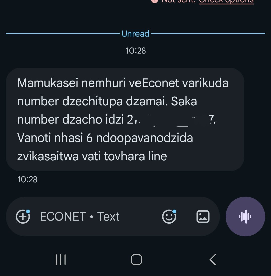 ctarerwa's tweet photo. Good day 

Attached is a message from a parent without WhatsApp nor Internet to upload their ID. 

We gave you our information including the ID you are requesting when we bought our Sim cards. 

How are you going to help my parents?
@econetzimbabwe @Potraz_zw @TateMavetera https://t.co/luvBS4Cmj3