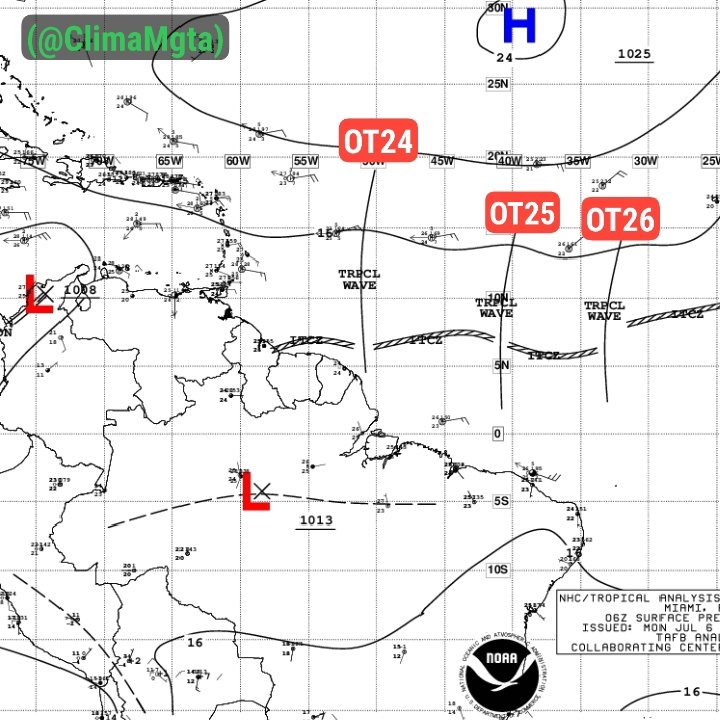 ClimaMgta's tweet photo. Tres ondas tropicales incrustadas en la Zona de Convergencia Intertropical ZCIT avanzan al Oeste. La OT24 tiene pronosticado su llegada al oriente venezolano durante la tarde del martes 07-jul. 

#06jul 6:55 am https://t.co/JwcFWrOLio