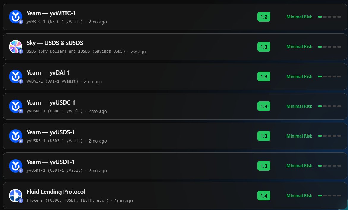 DeFi_Made_Here's tweet photo. Fluid has one of the lowest risks according to @yearnfi, while having the highest lending rates among lending markets https://t.co/dFXFIB9Hs2