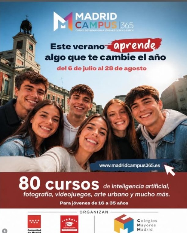 MajadahondaAyto's tweet photo. 🚀¿Quieres formar parte de #MadridCampus365?
@comunidadmadrid y la Asociación de Colegios Mayores de Madrid presentan + de 80 cursos especializados para jóvenes de 16 a 35 años.

🧑‍💻IA 🎮Videojuegos 🎬Creación digital
🔐Ciberseguridad🎨Arte urbano 

+Info👇
https://t.co/YWrOvbTsoP https://t.co/kkPw33ITOd