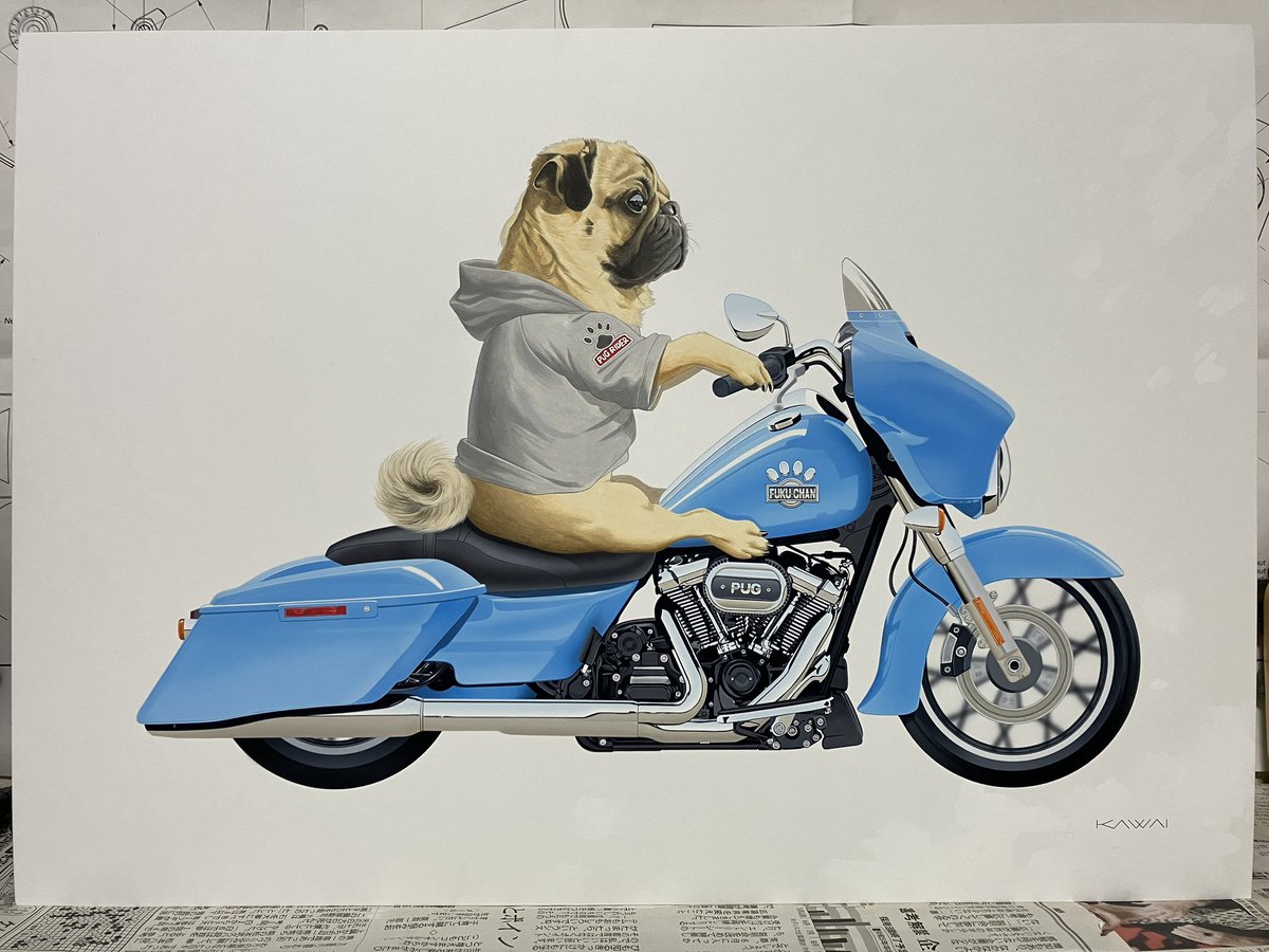 k_gahaku's tweet photo. PUG RIDERの絵の続きです。🏍️
ようやく福ちゃんがバイクに乗りました！
お気に入りのパーカー着ていい感じです🐶
でもやっぱり足が届いてません💦
#pugrider #pug #painting #パグ #イラスト https://t.co/giEOkB2Xhw