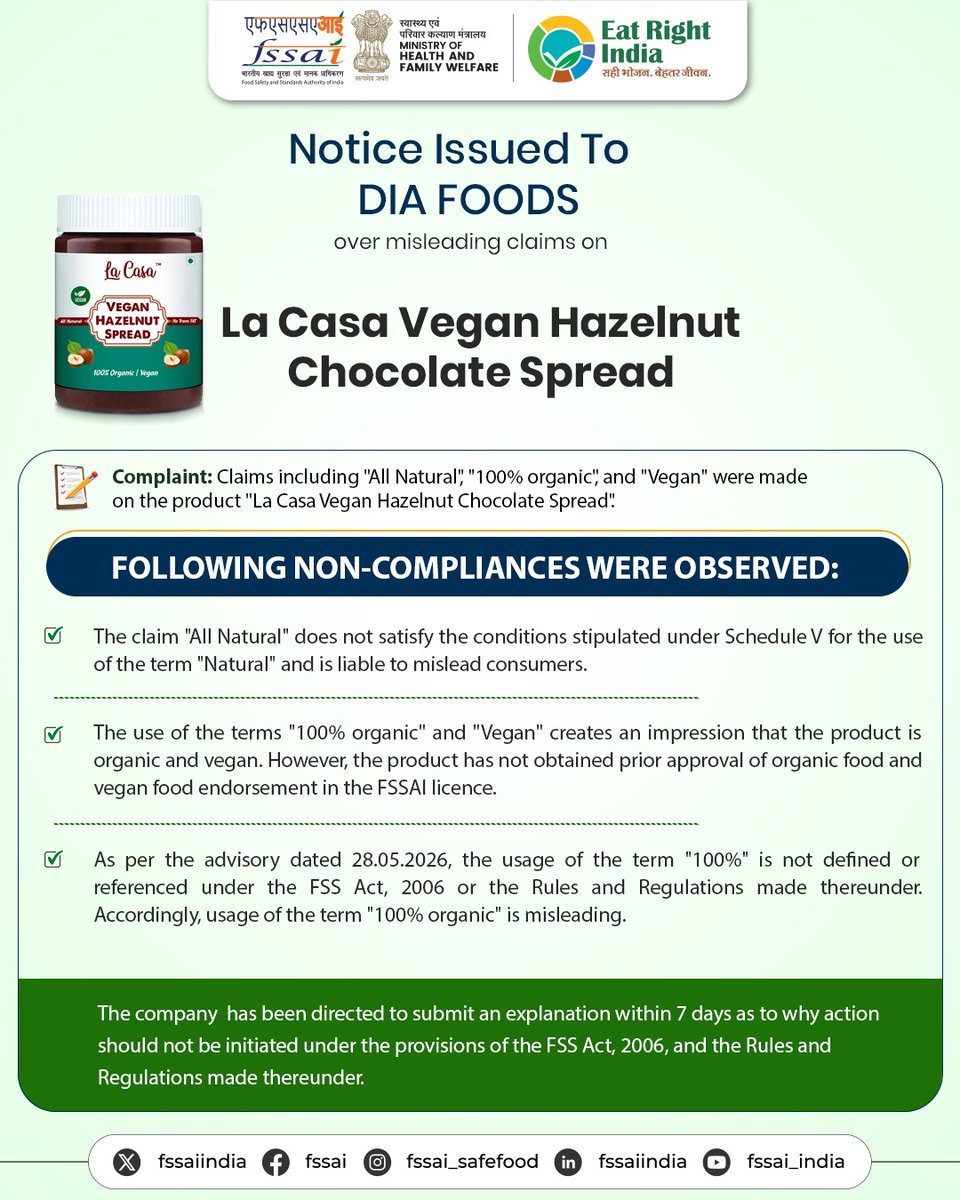 fssaiindia's tweet photo. FSSAI has issued notices to several food business operators (FBOs) for violating provisions of the FSS Act, 2006 regarding misleading claims. FBOs are directed to strictly comply with the established regulations and to take corrective measures. #FSSAIAction #FSSAINotice https://t.co/42OObJyh9p