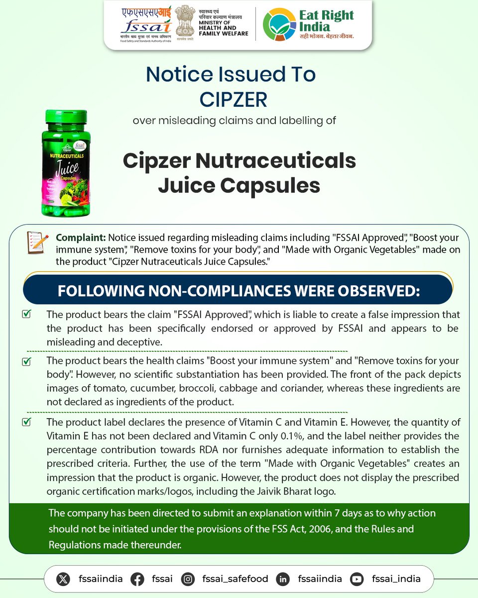 fssaiindia's tweet photo. FSSAI has issued notices to several food business operators (FBOs) for violating provisions of the FSS Act, 2006 regarding misleading claims. FBOs are directed to strictly comply with the established regulations and to take corrective measures. #FSSAIAction #FSSAINotice https://t.co/42OObJyh9p