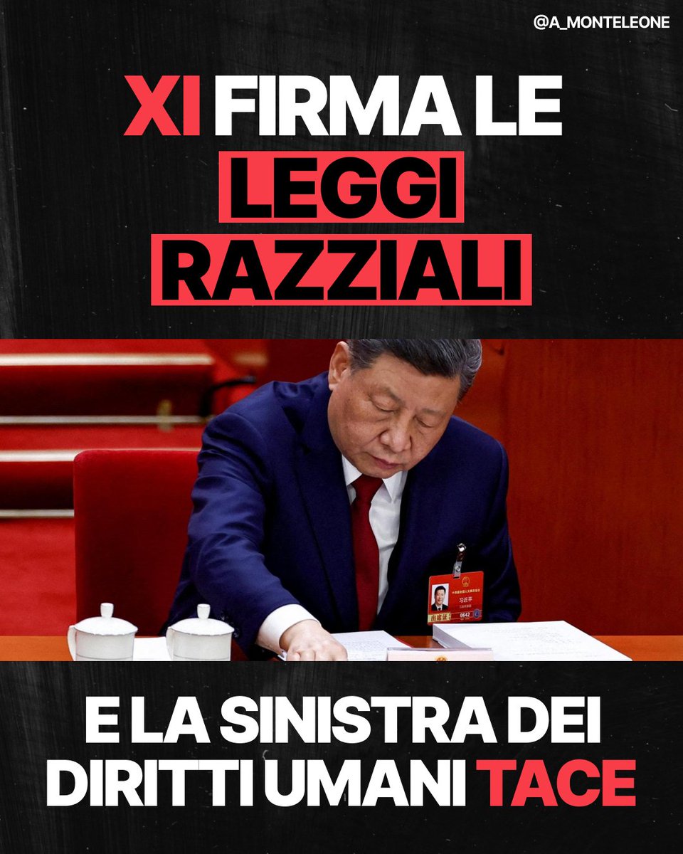 a_monteleone's tweet photo. Ipocriti voi, e tutti quelli pronti a gridare all'apartheid ogni volta che Israele muove un dito.

Dal primo luglio la Cina di Xi Jinping ha ufficializzato l'entrata in vigore della nuova legge per la «promozione dell'unità etnica». Dalle fila del partito comunista, il leader e i vertici della repubblica la descrivono, entusiasti, come una legge per la coesione nazionale. 

La Cina, per chi non ne fosse a conoscenza, non è solo un Paese: è un mondo. Un mondo composto da 55 etnie oltre quella Han, la dominante in tutti i sensi possibili e immaginabili. 

Tuttavia, quella che viene spacciata come proposta di uguaglianza (bellissima parola, vero?) rappresenta nei fatti una violenta attività di indottrinamento, un appiattimento totale delle culture che convivono da secoli nel paese del dragone. Abbiamo già visto, nel passato recente, boicottaggi, distruzione di monasteri, chiese, luoghi di culto e comunità minoritarie. Lo abbiamo visto con i tibetani, che da decenni reclamano l'indipendenza. Lo abbiamo visto con gli uiguri dello Xinjiang, costretti nei campi di rieducazione (un modo gentile per dire lager) solo perché professano l’islam.

Questa è la vera apartheid. Queste sono leggi razziali vere e proprie. Ma non sento cori di indignazione, non sento la comunità islamica internazionale invocare la difesa dei propri fratelli (forse contano solo finché sono arabi), non vedo attivisti per i diritti umani strapparsi le vesti e chiedere sanzioni a Pechino. Tabula rasa, nel mondo fatato della sinistra progressista.

I nodi vengono, pian piano, al pettine. E la vostra indignazione selettiva, la vostra ipocrisia da salotto radical chic verrà smascherata dai “burberi” che non cedono alla retorica.