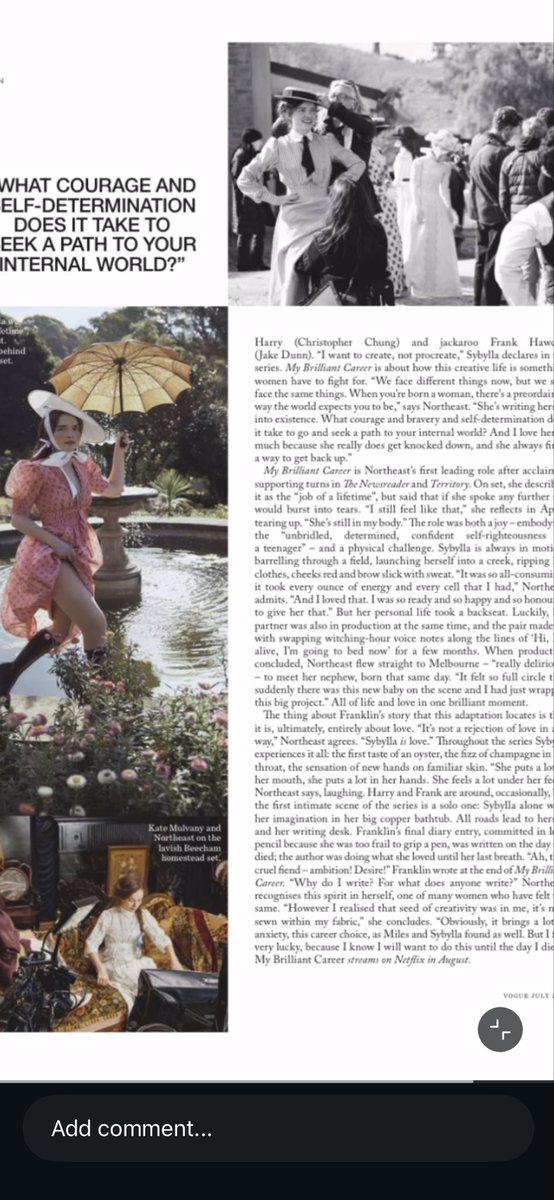 UpdatesDunn's tweet photo. A glimpse into My Brillant Career for Vogue Australia ahead of the release of the show next month. 

Hannah-Rose Yee visited the set back then and bring some details of characters and show adaptation, a beloved classical Australian romance by Miles Franklin. https://t.co/21bnB2w2R1