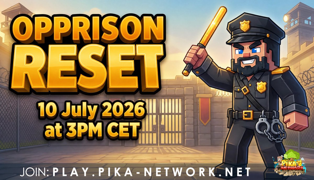 PikaNetworkMC's tweet photo. OpPrison reset - Friday 10 July 2026 at 3PM CET!

To celebrate, we are running a giveaway for:
  ▪️1x €50 Store Giftcard

Follow us, Retweet, and Like to enter.
Good luck!

📚https://t.co/1AhzhjnzvU https://t.co/2Icdcz5ZnD