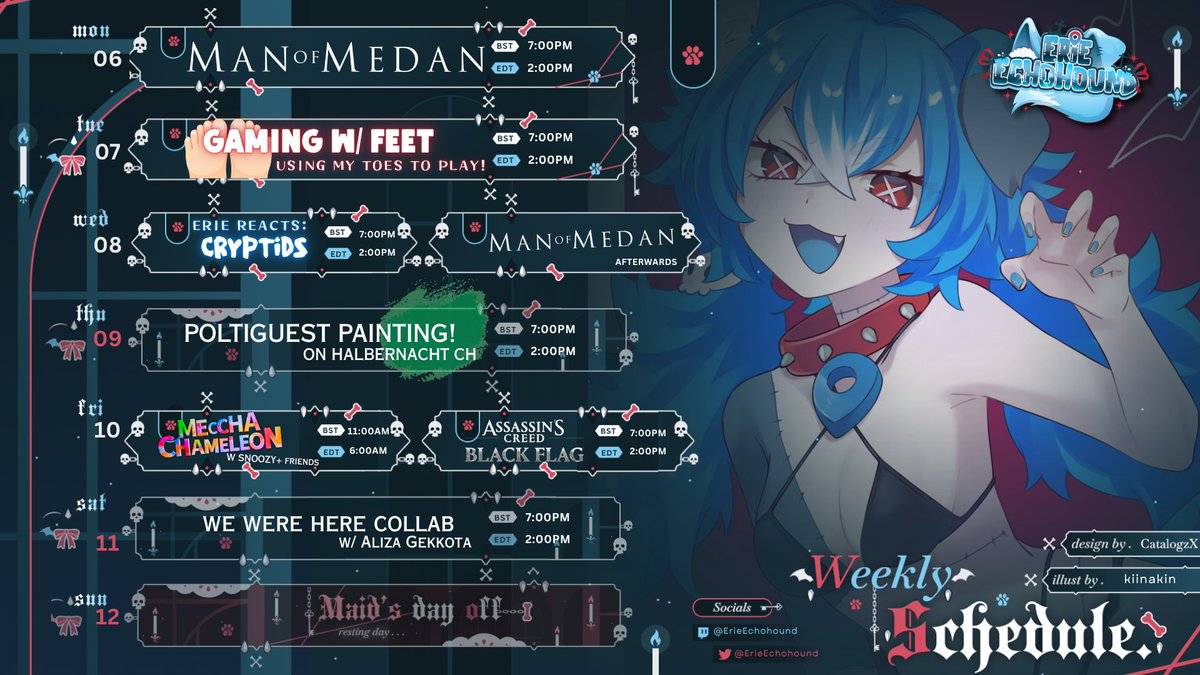 ErieEchohound's tweet photo. 💀HOTEL SCHEDULE💀 
Howlo Eriewan!! 💙 

Twitch: https://t.co/5tOyR2Y50Y
YT: https://t.co/Lh3pIwYrfp
Tiktok: https://t.co/327cjTYXm9

Art: #ErieInks
Spicy: #EroHound
OshiMarks: 🪦🐕
Ref sheet ⤵️⤵️⤵️ https://t.co/NLXrSAhaRP