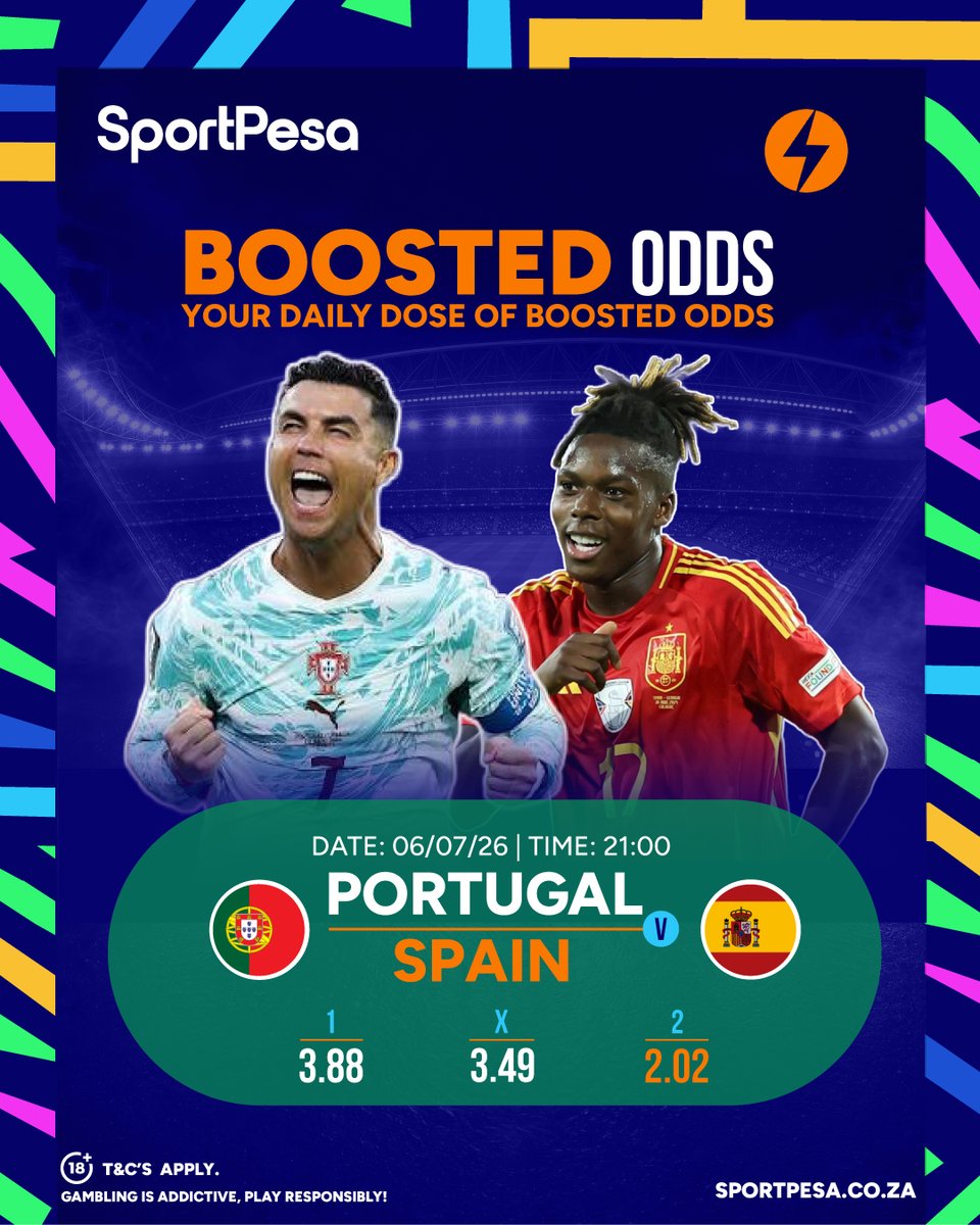 SportPesaSA's tweet photo. Your GOAT or The Next Gen - who's heading to the quarterfinals? 👀
Back your pick on https://t.co/WQsPw4SsQf and Make It Count!

Portugal 🆚 Spain
📅: 6 July 2026
⏰: 21h00

#SportPesaSA #MakeItCount | #BoostedOdd https://t.co/wJV98iqWuG
