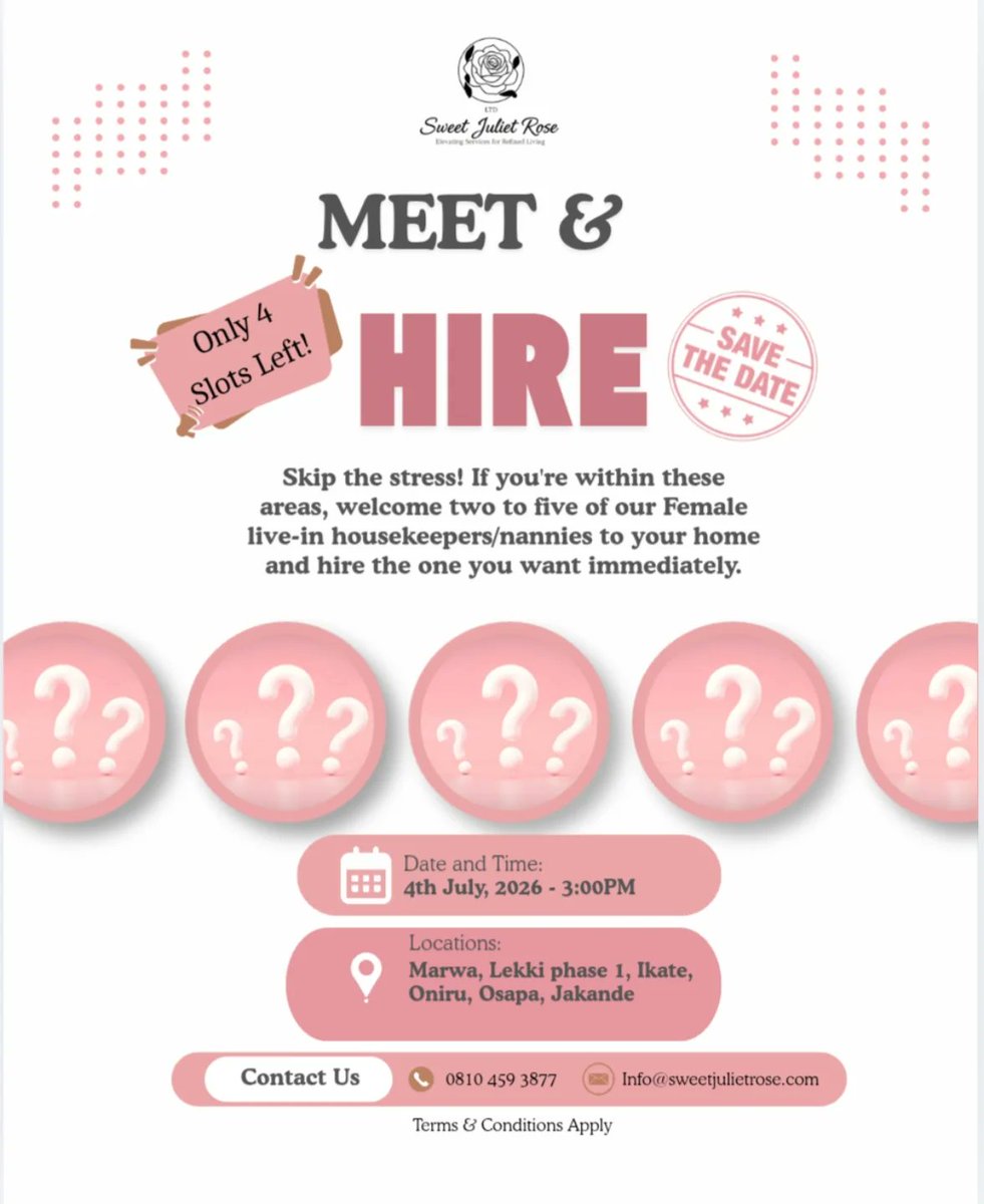 Julietsweetrose's tweet photo. 🏡MEET &amp; HIRE is back!
Looking for a live-in nanny or housekeeper without a stressful search?

Don't miss this opportunity to hire faster, save time,and meet multiple candidates in one visit.  
📞WhatsApp/Call: 0810 459 3877 
📧Email: Info@sweetjulietrose.com

#MeetAndHire #Lekki https://t.co/c4WgJGFBox