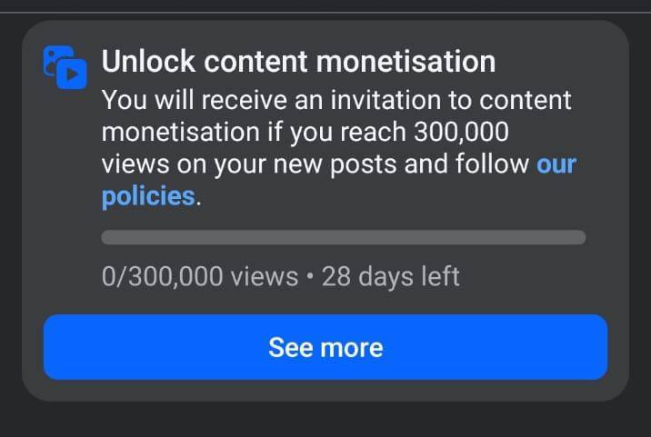 Facebook monetization invite progress bar starting at zero