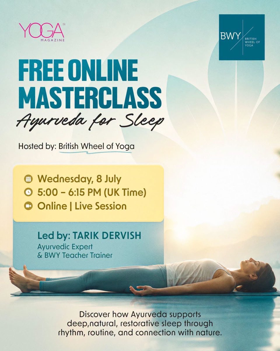 myyogamagazine's tweet photo. 🧘 FREE Masterclass: Ayurveda for Sleep

Join Tarik Dervish and learn practical Ayurvedic techniques for better sleep and wellbeing.

📅 8 July | 💻 Live Online
🎟️ Reserve your free place:
https://t.co/l1YtJU8JXt

#FreeMasterclass #Ayurveda #SleepHealth #YogaMagazine https://t.co/8ADBkoAlMX