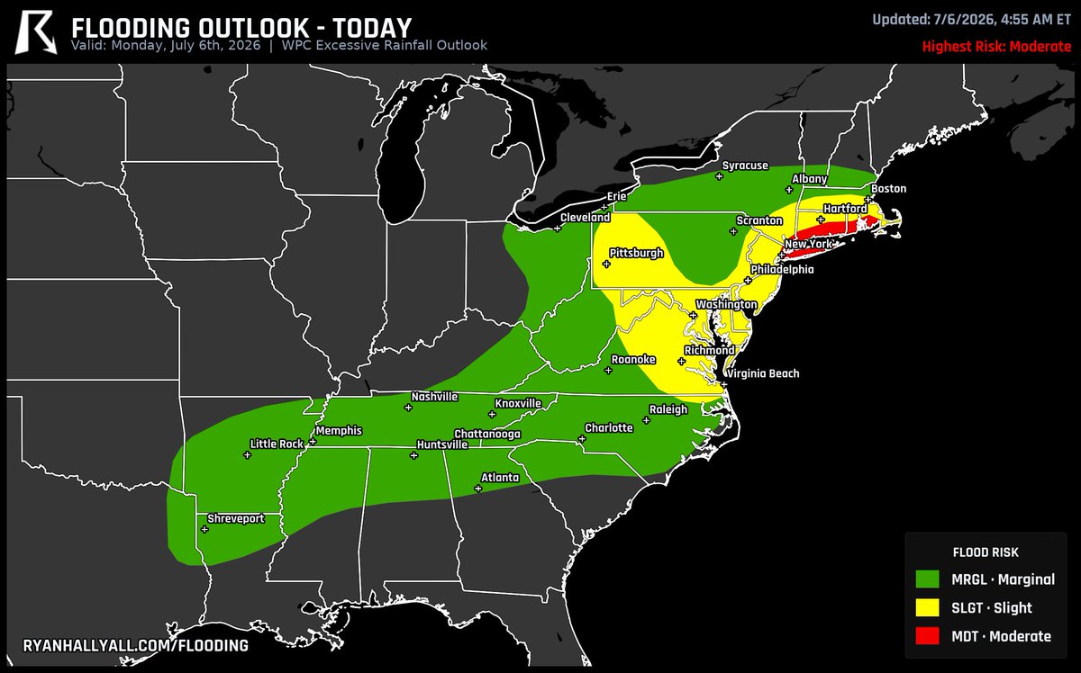 ryanhallyall's tweet photo. Moderate flood risk from WPC today for Connecticut, Rhode Island, and parts of southeast New York. The zone runs from around Hartford down to Providence and out past Long Island's south shore. Slow, heavy downpours can stack up fast here, so watch for flooded streets and low spots this afternoon.