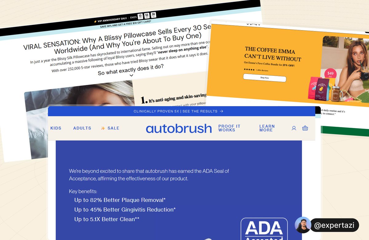 expertazi's tweet photo. Day 17 of 30: CRO Prelanders examples

AutoBrush: ADA badge, case study, one button only

Blissy: every reason to trust, one scroll, then buy

Chamberlain Coffee: offer, price, reviews, and USPs  above the fold

Make the next click feel easy

Follow for more.

DM "AUDIT" for Free https://t.co/z1eYaRkg2H
