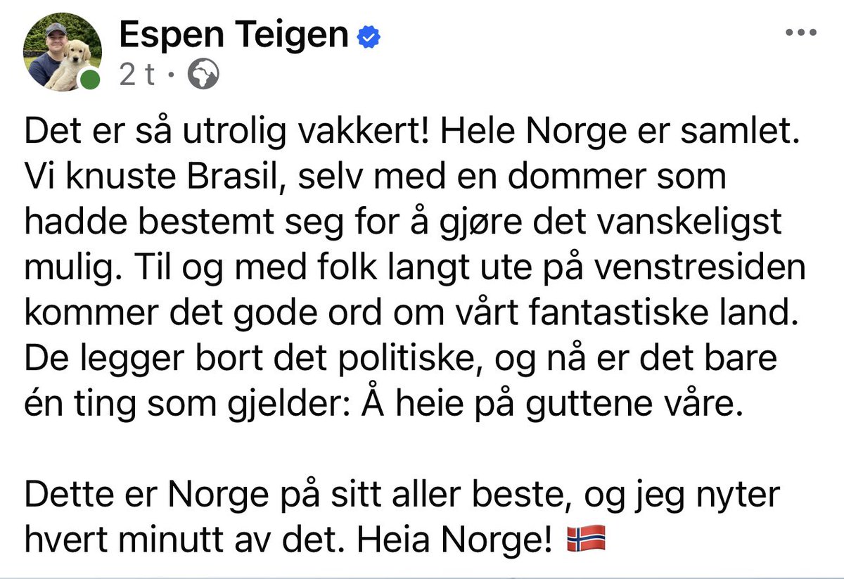 JarlWaage's tweet photo. «Til og med frÄ folk langt ute pÄ venstresida kjem det gode ord om vÄrt fantastiske land,» seier @espenteigen om Noregs siger i gÄr. Dette frÄ mannen som pÄ inn- og utpust snakkar om kor forferdeleg fedrelandet vÄrt har blitt. https://t.co/XXs6fGWQ3J