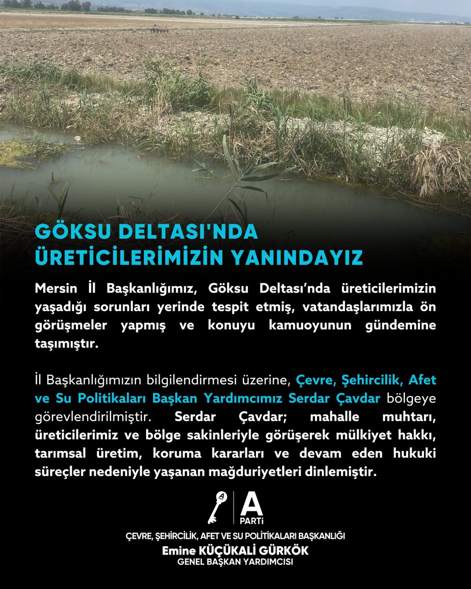 Anahtarimar's tweet photo. Mersin İl Başkanlığımız, Göksu Deltası’nda üreticilerimizin yaşadığı sorunları yerinde tespit etmiş, vatandaşlarımızla ön görüşmeler yapmış ve konuyu kamuoyunun gündemine taşımıştır.

İl Başkanlığımızın bilgilendirmesi üzerine, Çevre, Şehircilik, Afet ve Su Politikaları Başkan Yardımcımız Serdar Çavdar bölgeye görevlendirilmiştir. Serdar Çavdar; mahalle muhtarı, üreticilerimiz ve bölge sakinleriyle görüşerek mülkiyet hakkı, tarımsal üretim, koruma kararları ve devam eden hukuki süreçler nedeniyle yaşanan mağduriyetleri dinlemiştir.

Biz çevrenin korunması ile üreticinin hakkının korunmasını birbirine karşıt görmüyoruz. Göksu Deltası korunmalı; ancak yıllardır bu bölgede üretim yapan vatandaşlarımızın emeği, geçimi ve mülkiyet hakkı da gözetilmelidir.

Bölgedeki hukuki süreçleri takip edecek, eşitsiz uygulamaları ilgili kurumlara taşıyacak ve üreticilerimizin mağduriyetlerinin giderilmesi için gerekli girişimlerde bulunacağız.

@anahtarparti 
@yavuzagiraliog 
@EmineKucukali 
@ApartiMersin 

#anahtarparti #yavuzağıralioğlu #göksudeltası
