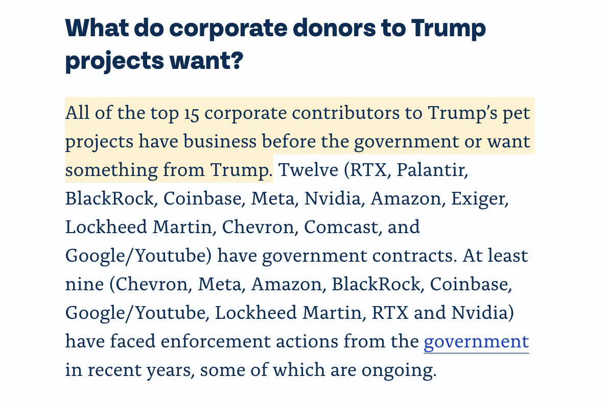 CREWcrew's tweet photo. We're seeing unprecedented corruption, including corporate capitulation to Trump’s style of pay-to-play politics during Trump's second term. 

We break it down in our new report: https://t.co/yDjCAbDiq0 https://t.co/TuxbZcxCFM