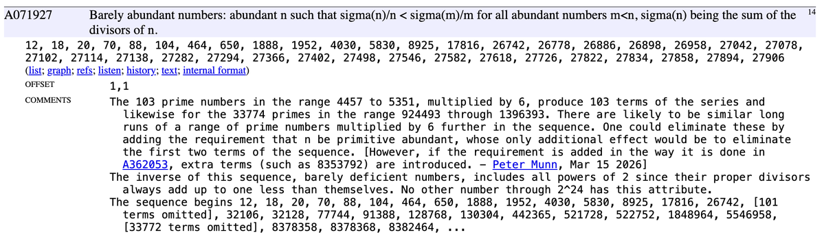 SeanReeves's tweet photo. 28218: 2 * 3 * 4703

Member of OEIS A071927: barely abundant number n since sigma(n)/n < sigma(m)/m for all abundant number m < n: Junction Number since 28194 + 24 (digit sum) = 28218 and 28203 + 15 (digit sum) = 28218; concatenation of powers of 2.

https://t.co/EuNIZT459M https://t.co/9kVu9TEhDI