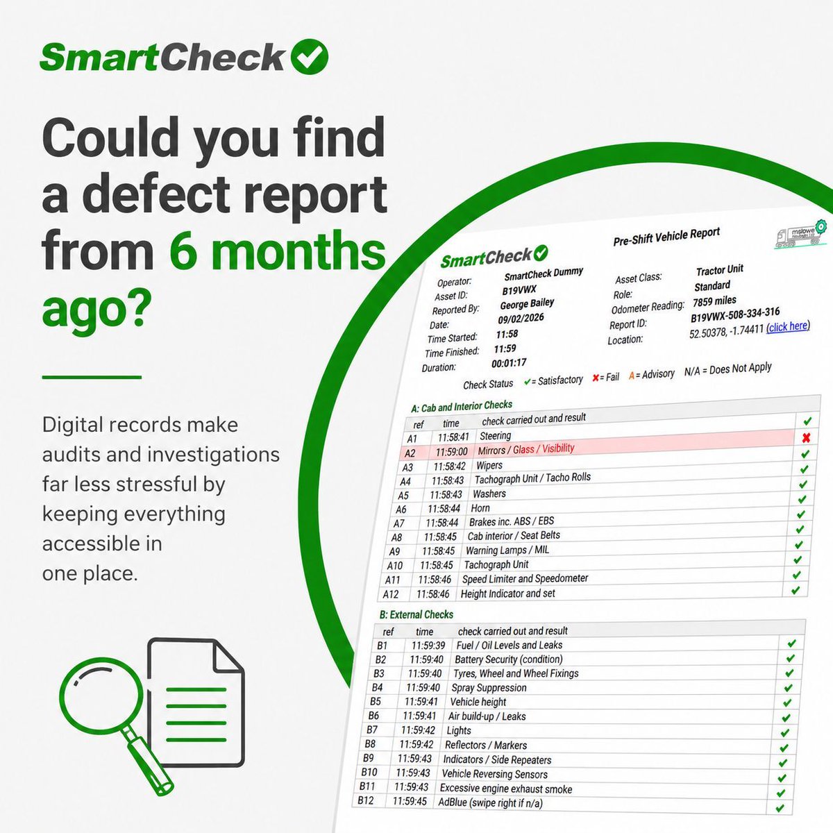 smart_check's tweet photo. Are your defect reports audit-ready?
When an auditor asks to see a defect report from six months ago, how quickly could you find it?
One of the most common compliance challenges isn't completing inspections, it's retrieving evidence when it's needed.
#FleetCompliance https://t.co/uNdWnS0iri