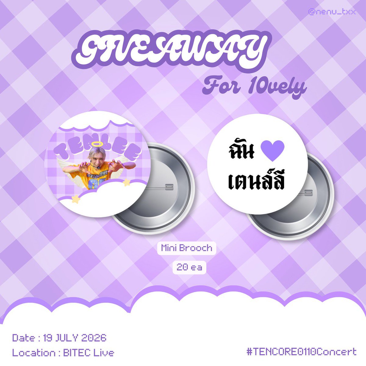 nenu_txx's tweet photo. please rt 💜

giveaway for 10vely 

       ────୨ৎ────

𝜗ৎ Mini Brooch 20 ea

⊹ ࣪ ˖ ໒꒱ Location : BITEC
⊹ ࣪ ˖ ໒꒱ Date : 19 JULY 
⊹ ࣪ ˖ ໒꒱ Time : tba 

#TENCORE0110iscalling #TENCORE0110Concert https://t.co/OGOla8Hblr