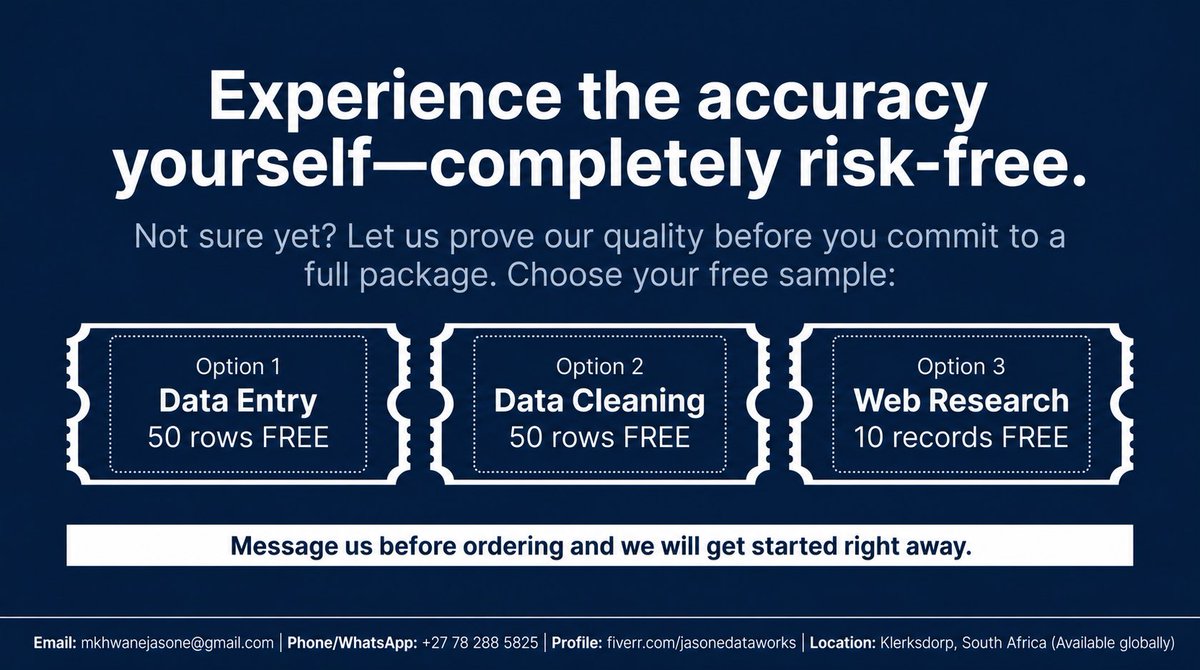 jasonedataworks's tweet photo. 🎁 Special Offer:
Not sure about our quality?
Try us for FREE!
Get 50 rows of data entry, 50 rows of data cleaning or 10 web research records at no cost. Message us today!
#JasoneDataworks #DataEntry #DataCleaning #WebResearch #Excel #GoogleSheets #Fiverr #SouthAfrica https://t.co/3Vy08g38CR