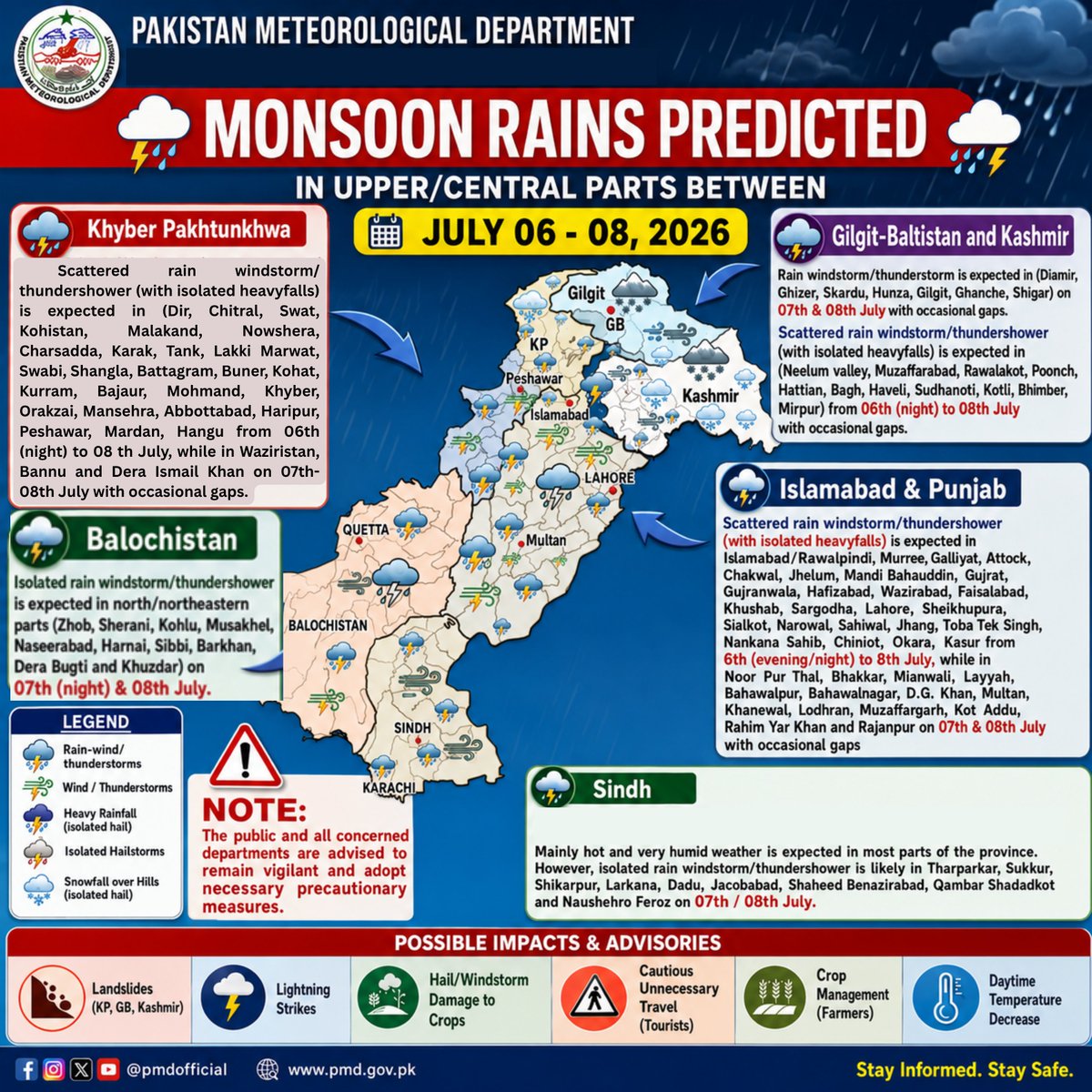 pmdgov's tweet photo. Monsoon Rain predicted in upper/central parts between July 06-08,2026.
#PMD #pmdweather #monsoon #monsoonrain #pressrelease #FloodSeason2026 #PakistanMeteorologicalDepartment #FloodForecasting #FFDLahore #Monsoon2026 #WeatherUpdatePK #DisasterPreparedness https://t.co/deOilLjvzj